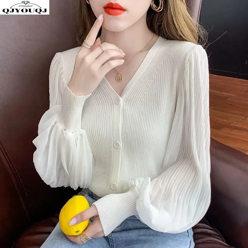 2024 Spring/summer New Design Niche Patchwork Knit Top Women's Versatile Temperament V-neck Long Sleeved T-shirt Base Shirt