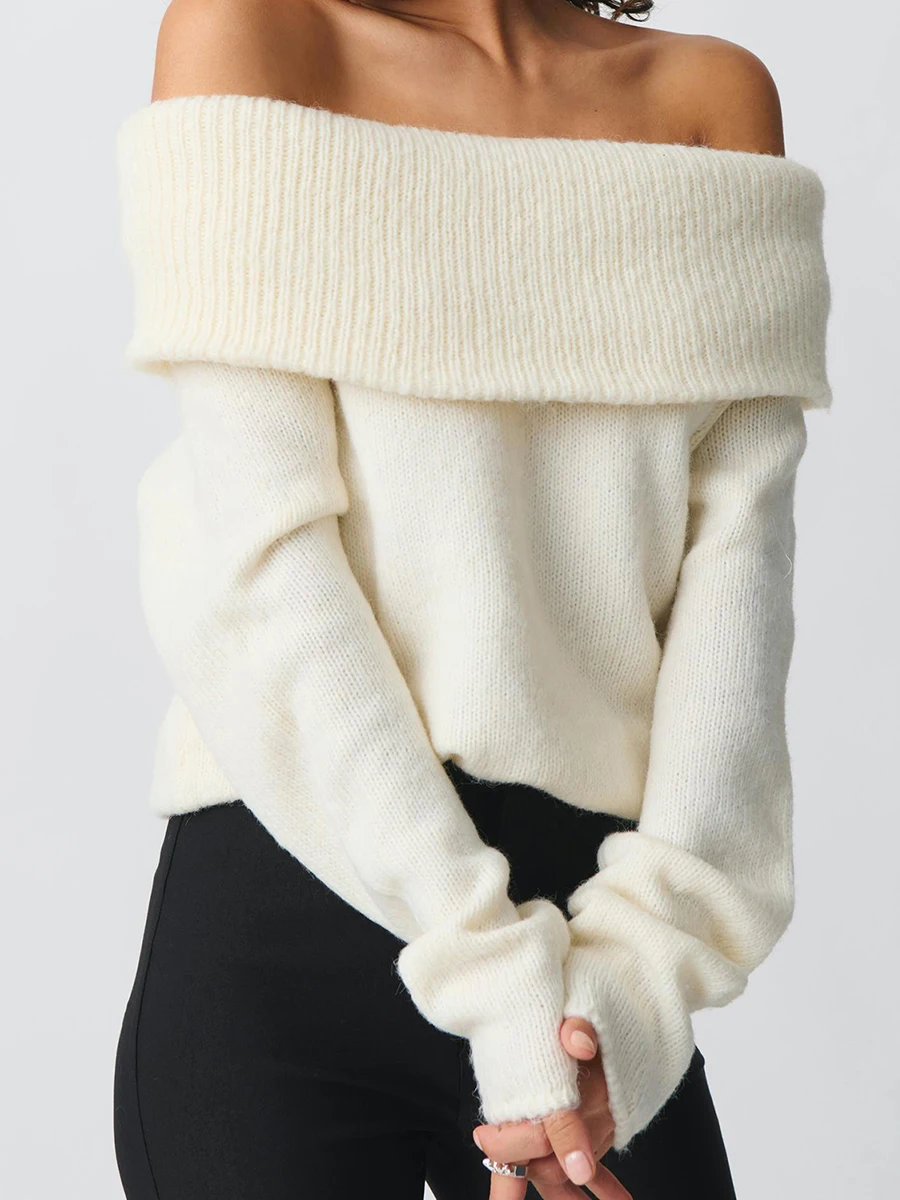 Women Off Shoulder Sweaters Long Sleeve Ribbed Knit Going Out Fall Tops Blouse Solid Color Boat Neck Loose Knitwear Pullover 2