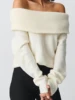 Women Off Shoulder Sweaters Long Sleeve Ribbed Knit Going Out Fall Tops Blouse Solid Color Boat Neck Loose Knitwear Pullover 2