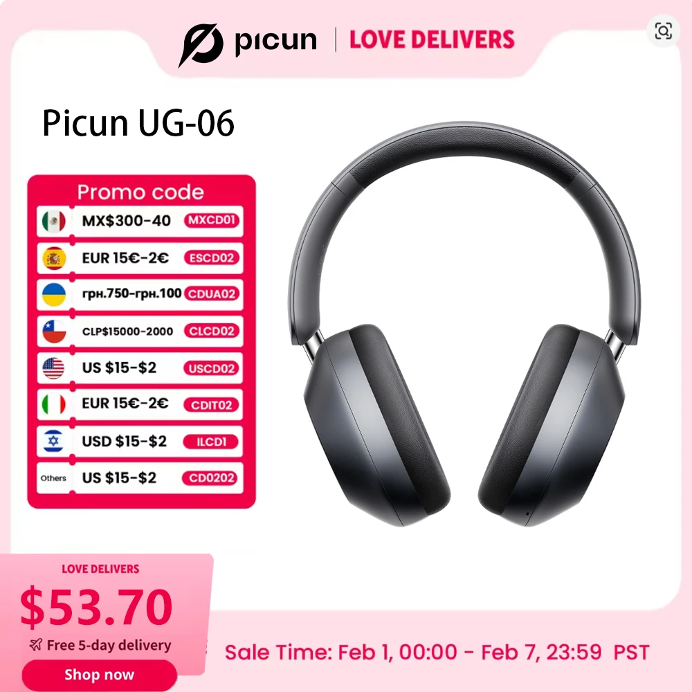 Picun F6 액티브 노이즈 캔슬링 무선 헤드폰, 헤드 트래킹, 3D 오디오, 4..