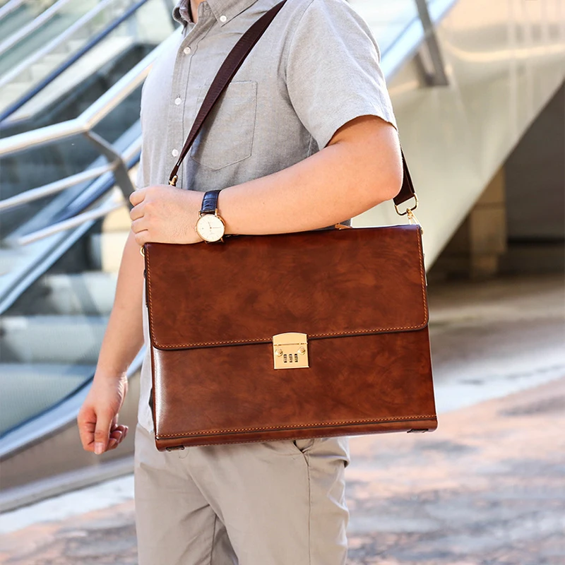 

Luxury Combination Lock Briefcase Men Executive Business Office Large Laptop Handbag Shoulder Square PU Leather Bag Husband