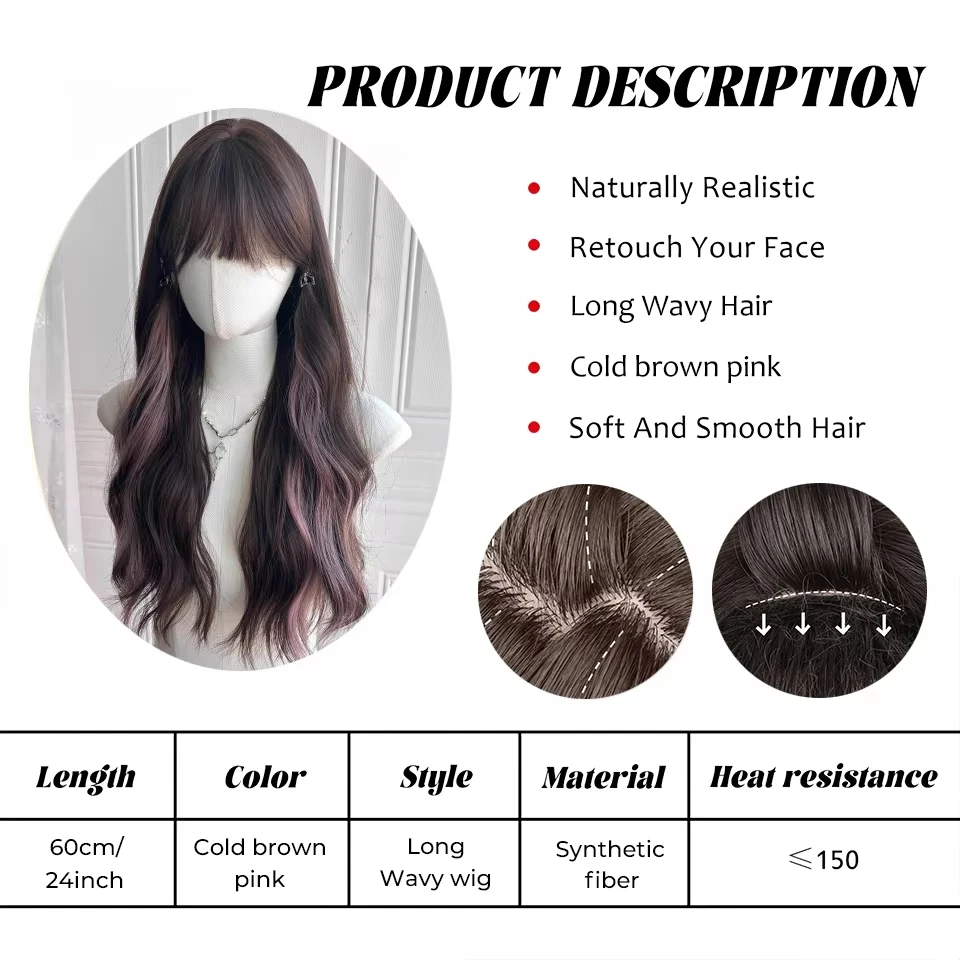 Brown Pink Synthetic Wig for Women Cosplay Heat Resistant