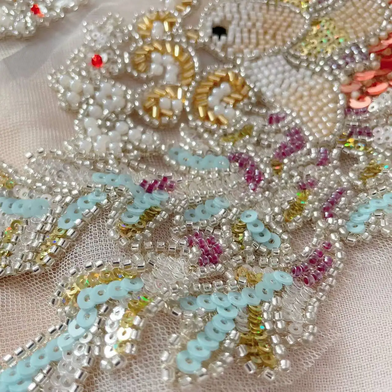 Champagnerfarbenes Netz, Perlenstickerei, Spitze, Vogel bis Blume, Bühnenkostüme, Accessoires RS24642 – Detail 5