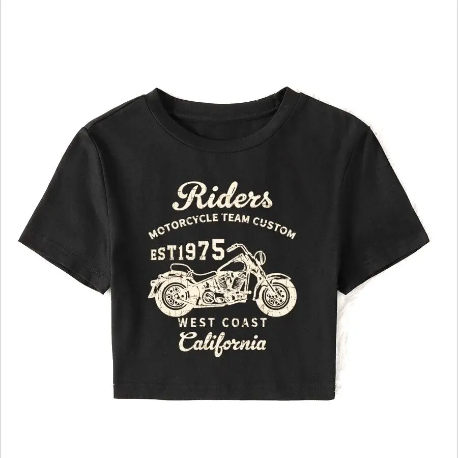 Été Spr femmes Y2K Sexy Coupe Slim Sans Manches Col Rond Haut Court Chemise Moto & Lettre Graphique Tee Women617_voghion.com