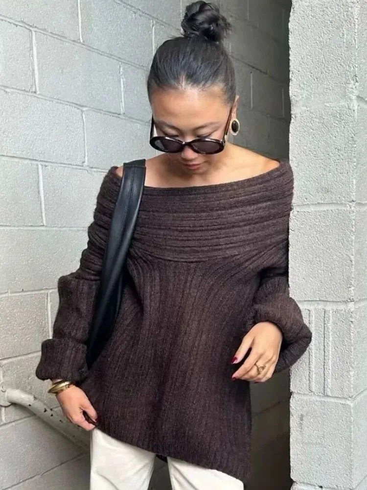 HH Woman Streetwear Lazy Wind One-shoulder Dew Shoulder Solid Knitted Sweater Women Loose Long Sleeve Slim Pullover Top