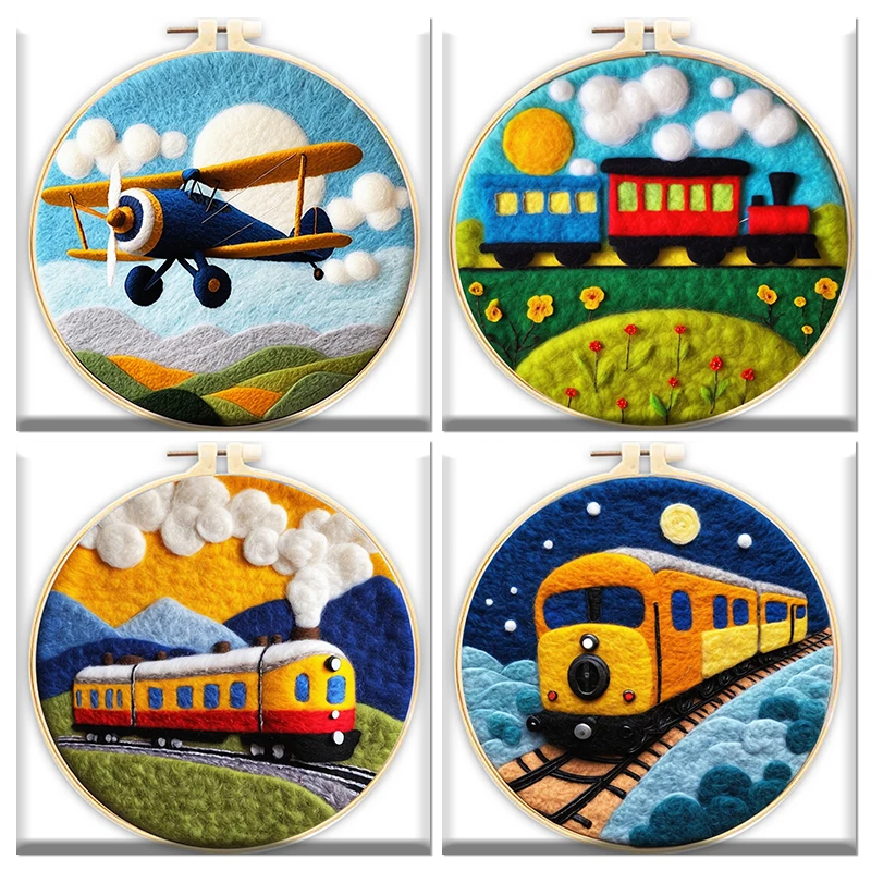 CHENISTORY 20X20CM Frame Wool Felting Painting Kit Train and Airplane Diy Felt Package For Friend Home Decoration Crafts