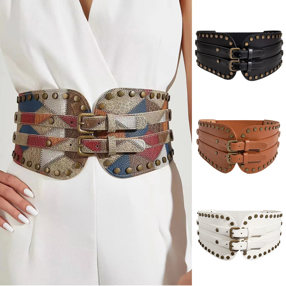 

Stretchy Corset Belt Leather Rivet Ultra Wide Belt Adjustable Metal Double Buckle Elastic Rivets Cummerbunds Women Waist Belt