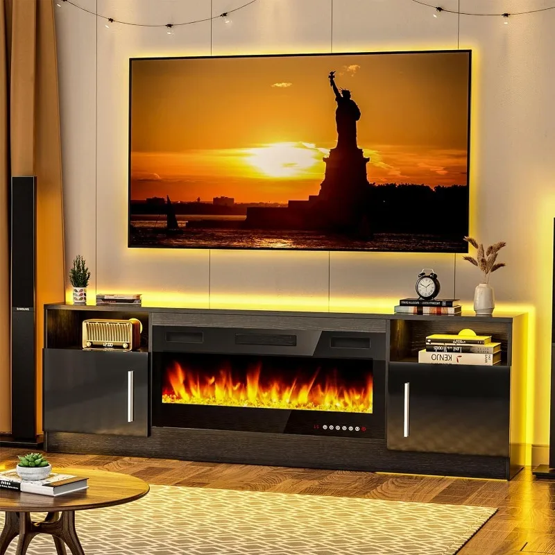 

Fireplace TV Stand for TVs with Electric Fireplace, Modern LED Light Entertainment Center with Adjustable Shelves