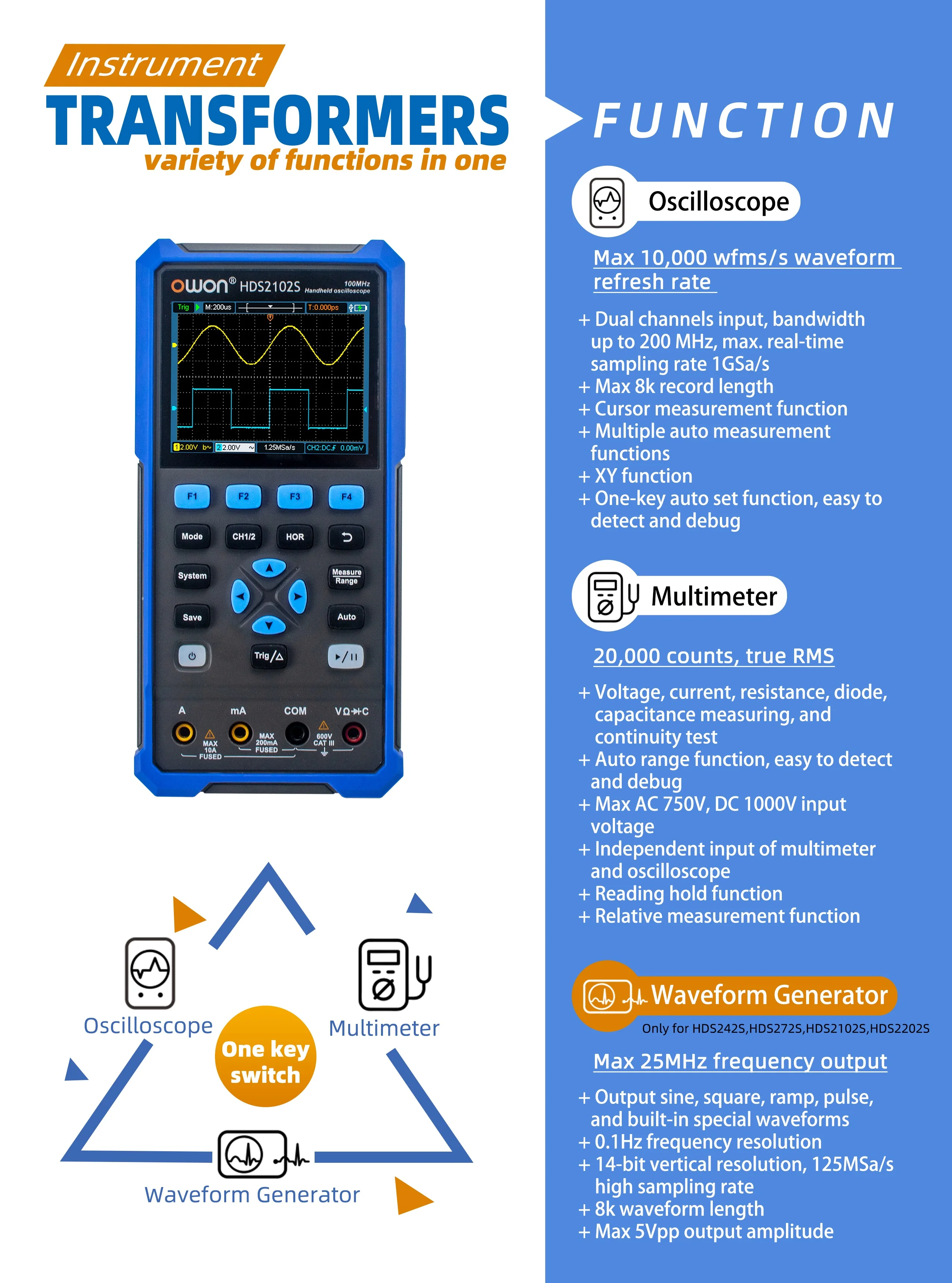 HDS242S HDS272S HDS2102S HDS2202S Handheld Digital Oscilloscope 200MHz 1GSa/s 2C