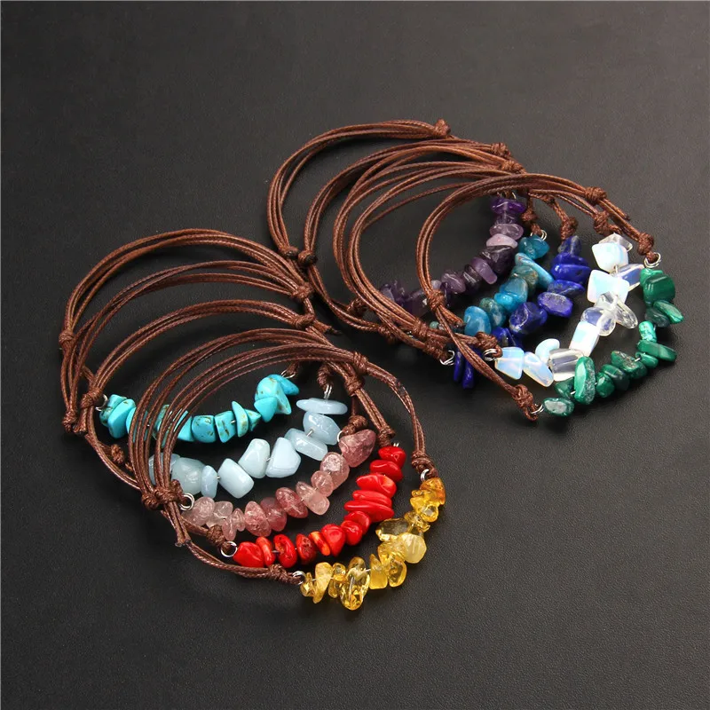 

Irregular Natural Crystal Stone Bracelet Braided Leather Brown Rope Amethyst Lapis Lazuli Bracelets Jewelry For Women