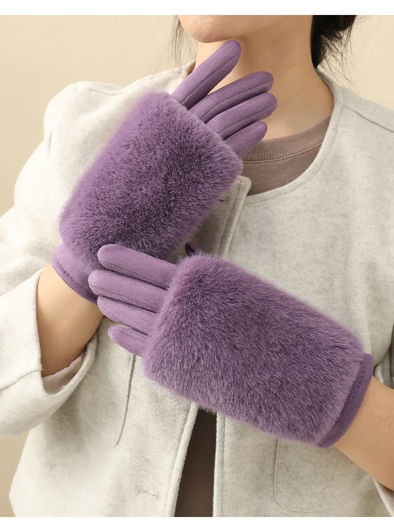 Women's autumn and winter rabbit fur gloves plus velvet thickened windproof and warm riding cold-proof touch screen suede gloves