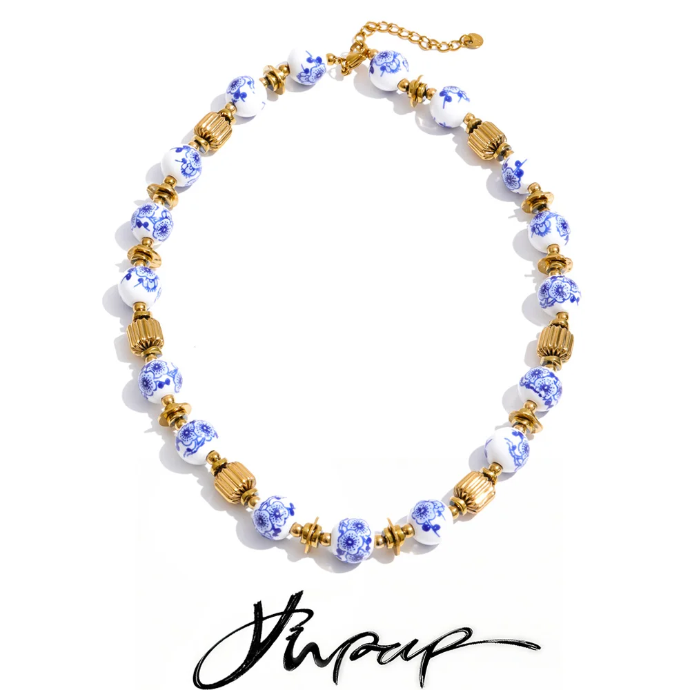 Yhpup Neuheiten Handgefertigter Schmuck Edelstahl Blaue Keramikblumen-Perlenkette Stilvolle Halskette Beliebtes Accessoire