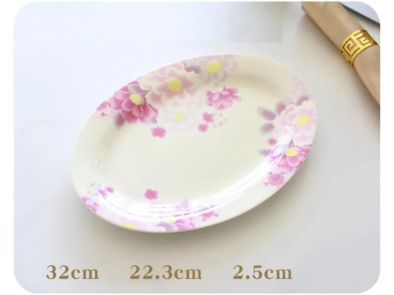 12inch, bone china fish serving plates, pink floral design, oval ceramic catering serving et, porcelain for table