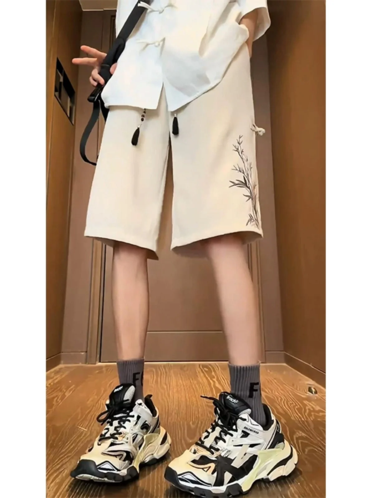 New Chinese Style Straight Shorts Men's 2024 Summer Bamboo Leaf Embroidered Pants Oversize Over The Knee High Waist Shorts
