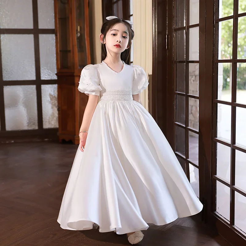 

Princess Long Dress Girl Beads Evening Weddings Prom Party Elegant V Neck Clothes Children Baptism Gown First Communion Vestidos