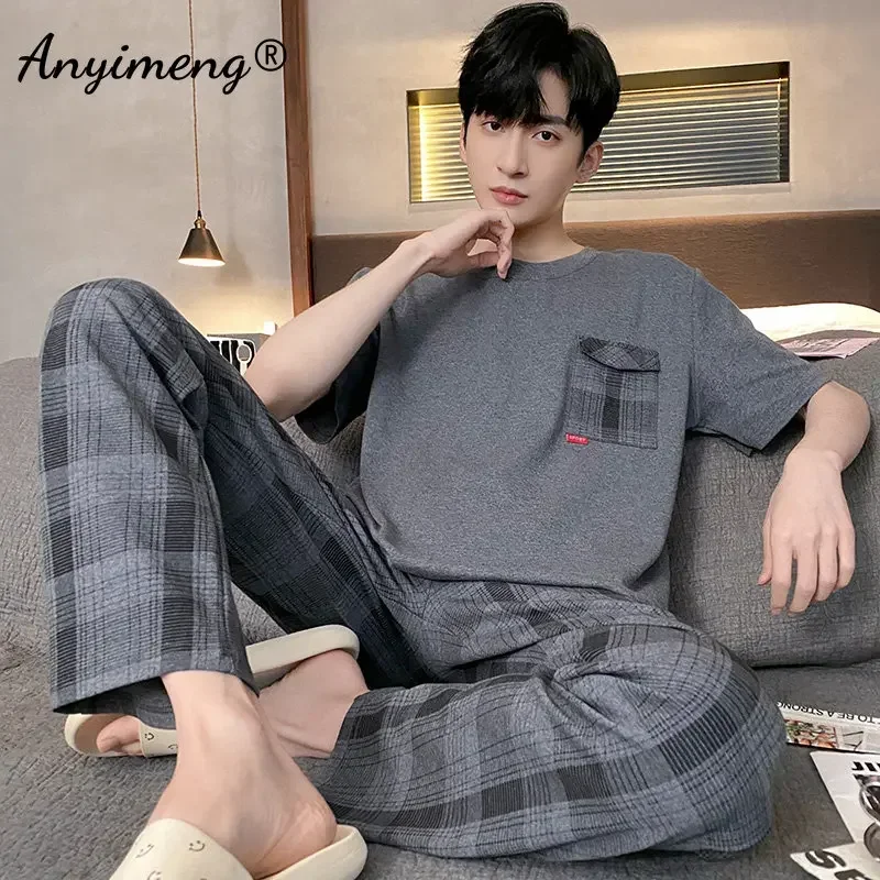Pajama Sets Men Summer Knitted Cotton Pajamas Set Short Sleeve Plaid Pants Sleepwear Plus Size 4XL