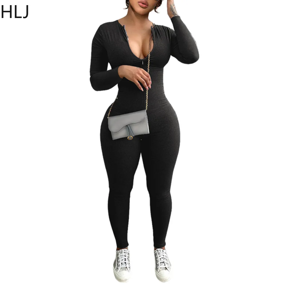 HLJ Autumn Casual Solid Color Bodycon Jumpsuits Women Zipper V Neck Long Sleeve Skinny Pants Playsuits Female Sporty Overalls