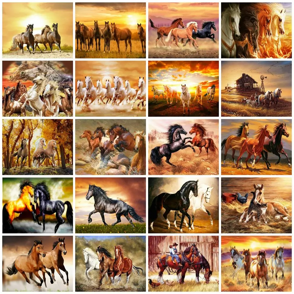 Huacan Diamond Painting Horse Sunset Scenery Wall Sticker 5d Diy Diamond Embroidery Mosaic Animal Natural Landscape Room Decor