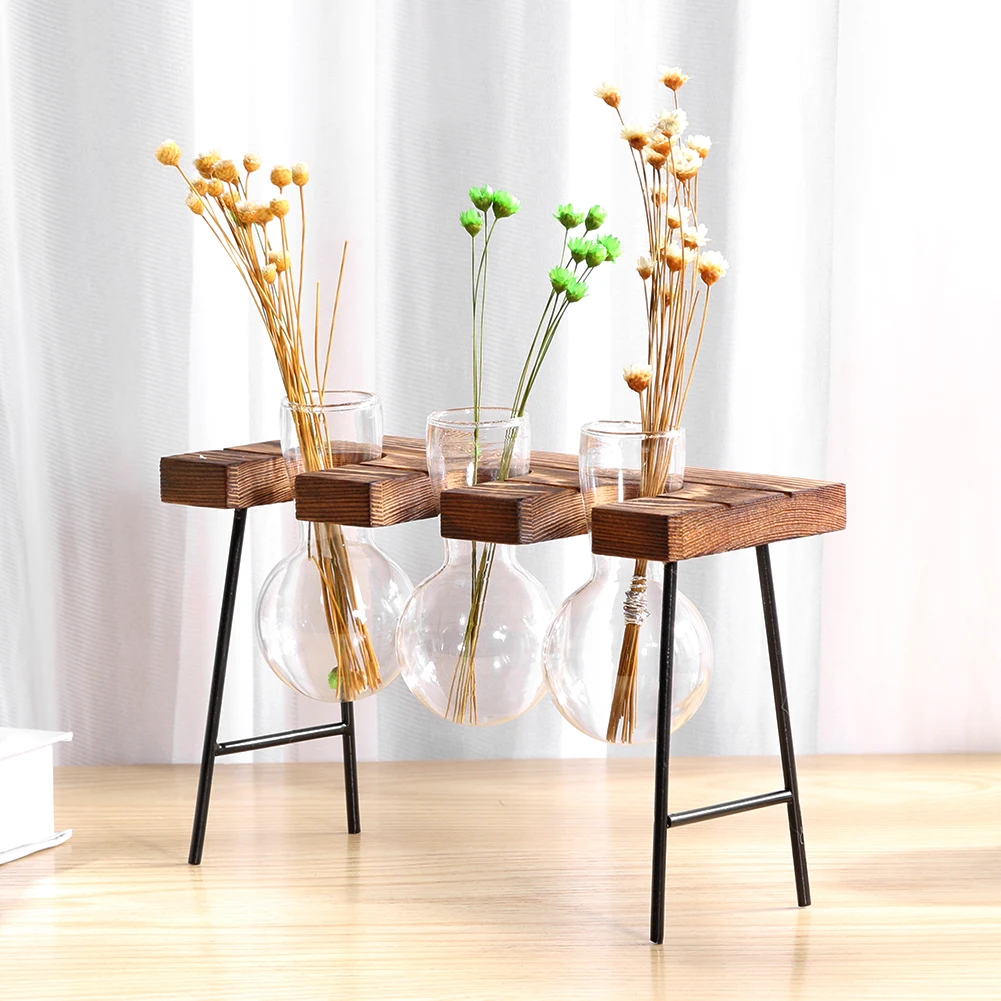 Transparent Glass Vase Wood Frame Iron Art Terrarium Bonsai Table Ornaments Flower Vase Tabletop Hydroponics Plant Flower Pot 5