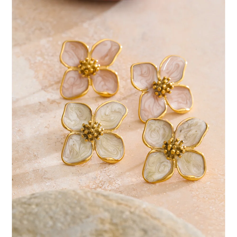 Yhpup Earrings Stainless Steel Enamel Flower Waterproof for Women 16K Golden