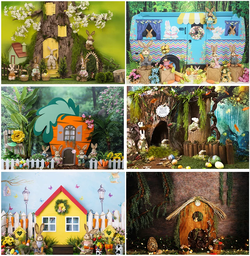 Easter Forest Tree House Bunny Bus Dolls Floral Picnic Sfondo Uova Fotografiche Carota Baby Portrait Studio Sfondi Fotografici