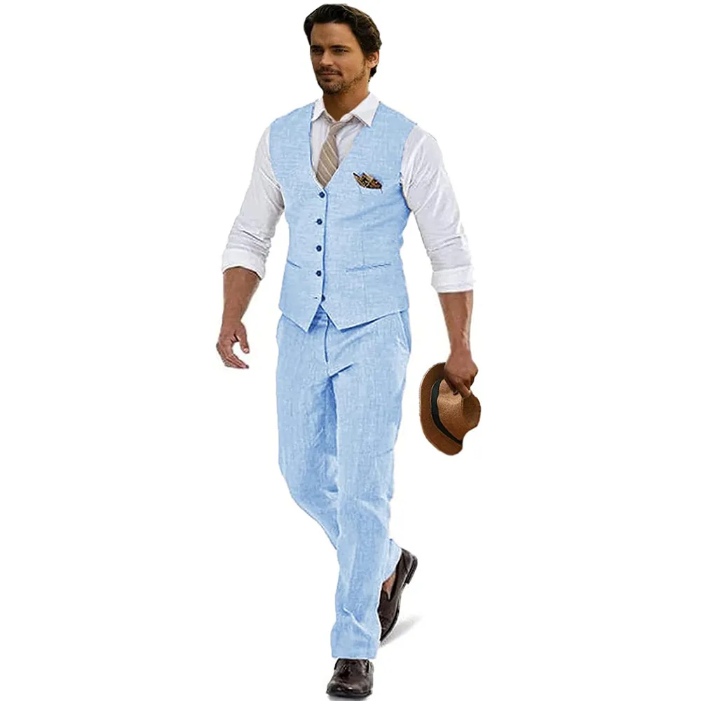Casual Linen Beige Men's 2 Piece Suits Wedding Suits Slim Fit Groomsmen  Prom Waistcoat Summer Linen For Wedding  (Vest+Pants)