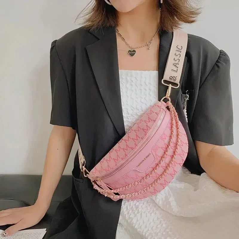 Fashion Pattern Fanny Packs for Women Stylish Letter Printed Chain Waist Bag Female Waist Pack Wide Strap Crossbody Bag