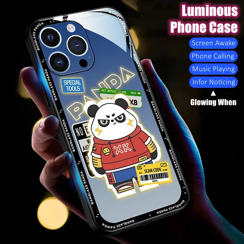 

Hero Panda LED Light Glowing Luminous Tempered Glass Phone Case for iPhone 11 12 13 14 15 X Xs Xr Mini Pro Max Plus Cover