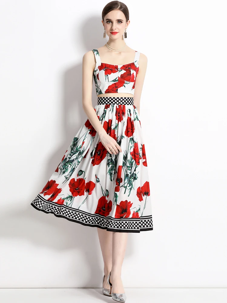 

Fashion Summer Retro Rose Print Spaghetti Strap Top + High Waist Dot Skirt Classic Women's Suit Womens Two Peice Sets