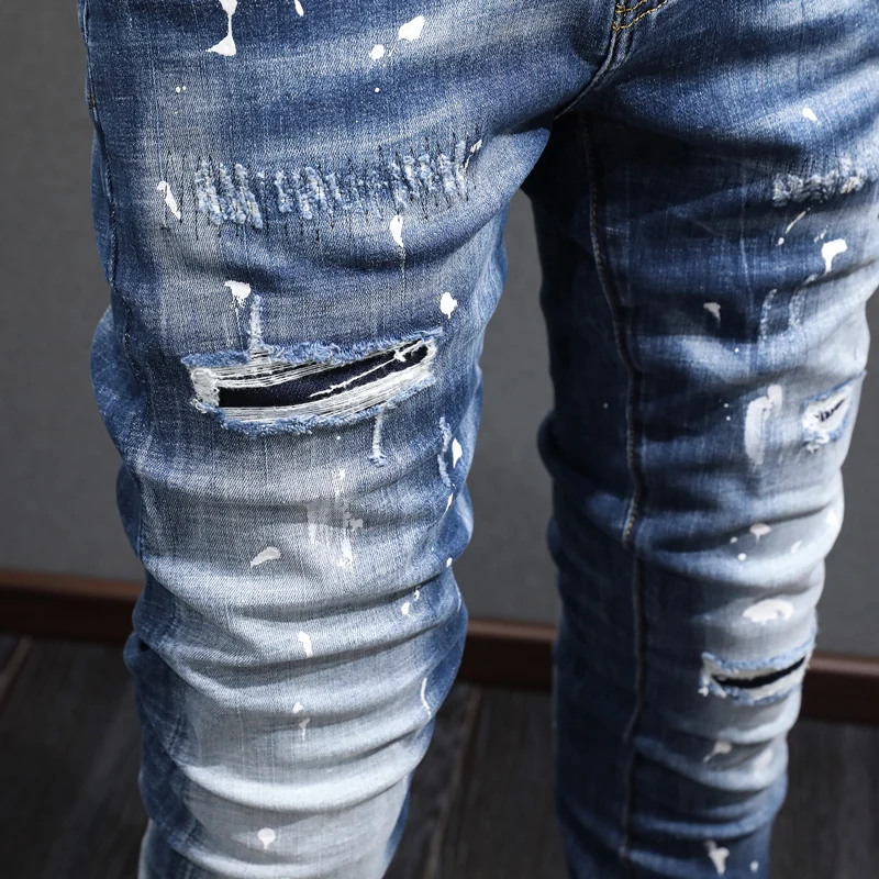 Fashion Designer Men Jeans Retro Blue Elastic Slim Stretch Ripped Jeans Men Painted Trousers Street Vintage Denim Pants Hombre