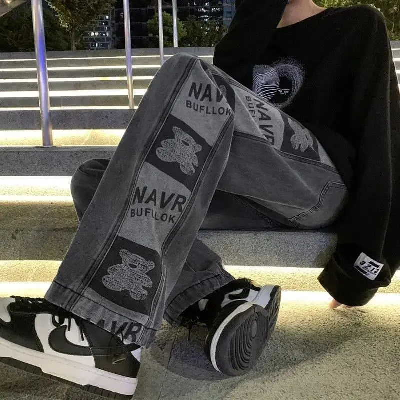 

Korean Style Bear Print Jeans Women 2023 Autumn and Winter New Gray Straight Retro Ins Loose Casual Wide Leg Dad Pants