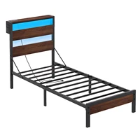 Twin Bed Frame with Storage Headboard and Charging Station, Walnut Platform Bed Frame with LED Light, Non-Slip Metal,Brown