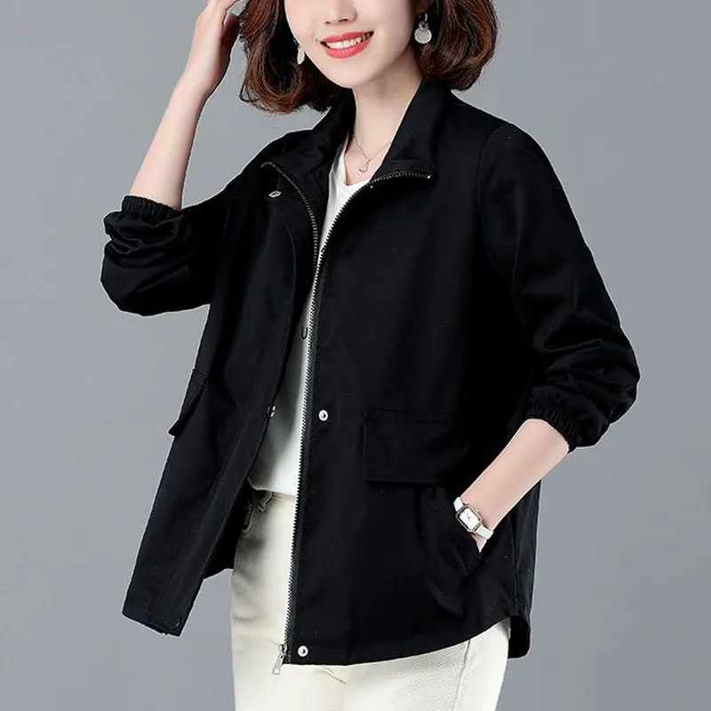 Spring Autumn New Women's Solid Color Stand Collar Button Zipper Spliced Long Sleeve Fashion All-match Loose Jacket Tops