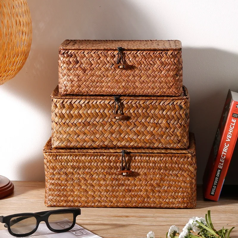 Handmade Wicker Woven Storage Box Rattan Storage Finishing Basket with Lid Sundry Bath Cosmetic Towel Container Laundry Basket 5
