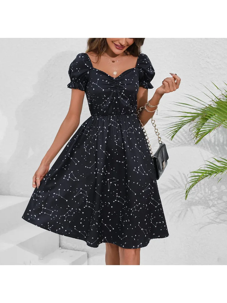 

Vintage Black Gothic Dark Print Waist Cinched Bubble Sleeve A-line Dress Women's Luxury Evening Dresses 2024 New Elegant Dress