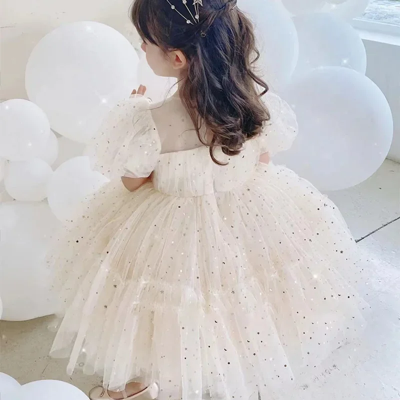 Baby Champagne Baptism Dress Cute Girl Sequin Puff Sleeve Fairy Ball Gown Newborn 1 Year Birthday Outfit Kids Formal Party Gown girls dress baby girl dress