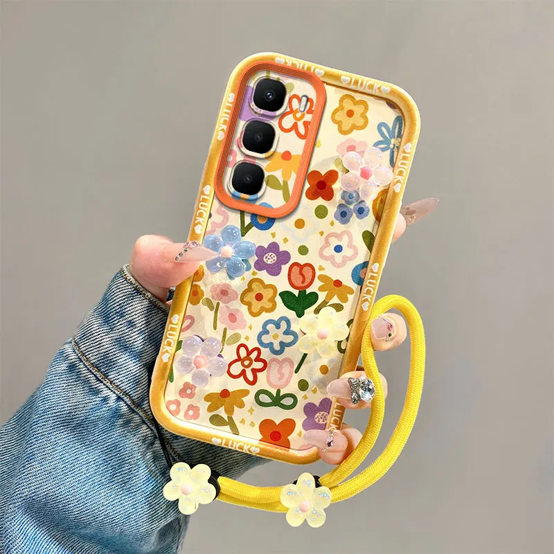 3D Floral Full Screen Phone Case with Wrist Strap Cover