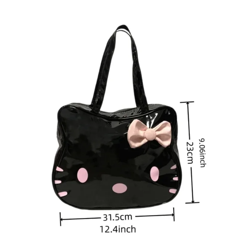 Womens Shoulder Bag Black Leather Cute Bow Harajuku Fashion Kitty Cartoon Kawaii Tote Bag New Style Casual Girls Handbag