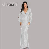 Sequined V-neck Split Long Sleeves Mermaid Prom Gown Floor Length Zipper Customized Evening Dresses vestidos de novia 4