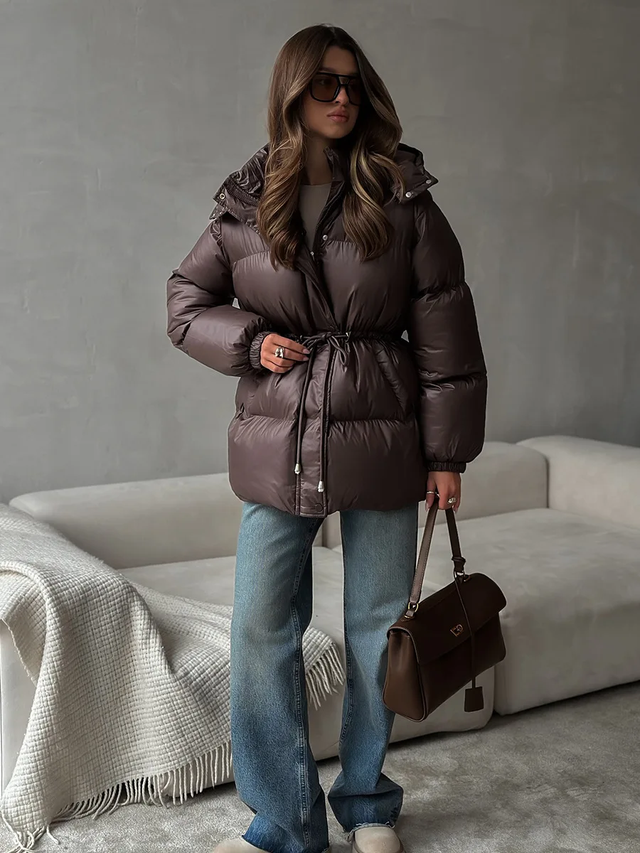 Bornladies Drawstring Slim Fit Cotton Jacket Women's  Winter New Hooded Zipper Cotton Robe Comfortable Warm Bread Jacket