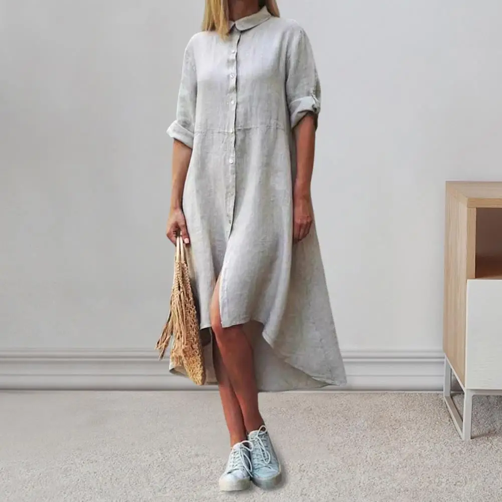 

Autumn/Summer Women's Dress Long Sleeve Lapel Single Breasted Irregular Hem Solid Color Loose A-line Commuter Dress