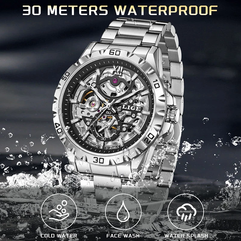 LIGE Automatic Watch For Men Fashion Hollow Waterproof Luminous Men's Mechanical Wristwatches Outdoor Sport Tourbillon Watch Men