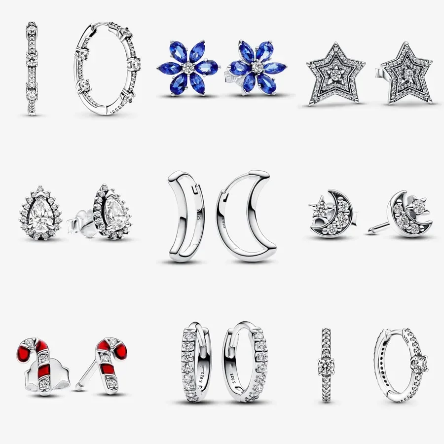 

925 Silver Sparkling Blue Herbarium Cluster Stud Earrings For Women Wear Sparkling Moon & Star Stud Pandora Earrings Jewelry