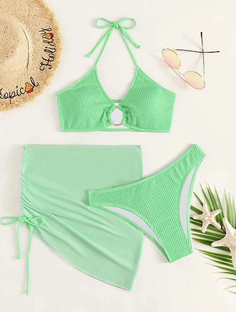 Solid Ribbed Halter Bikini Set with Skirt 3 Piece Swimwear Women Swimsuit 2022 Summer New Bathing Suit bandeau bikini set