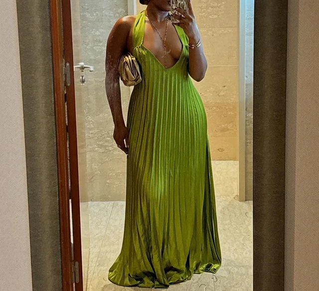 Vestido de balanço extragrande feminino, doce e fresco, pescoço pendurado, decote em v, costas expostas, pregas sob pressão, novo, outono