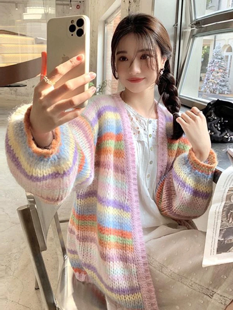 스트라이프 패널 가디건, 컬러풀한 올 매치 하라주쿠 배기 긴 소매 니트웨어, 대학 캐주얼 스웨터, 세련된 Y2k 의류
