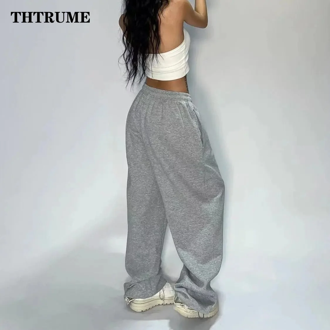 Casual Women Solid New Pant Fashion Summer Oversized Vintage Pocket Drawstring Wide Leg Pants Elegant Loose Baggy Chic Trousers 6