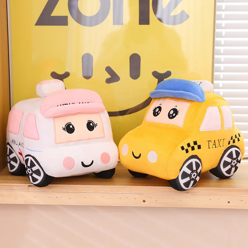 30/40cm Police Auto Taxi Ambulance Pillow Stuffed Blue Yellow White Cute with Eyes Traffic Car Transportation Plushie Gift 5