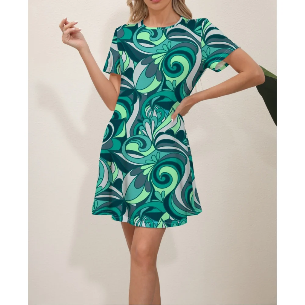 

Elegant Women's Midi Dress Flower 2024 Summer New Slim Fit Short Sleeve Round Neck Dress S-XXL Jurken Dames Vestido Playero