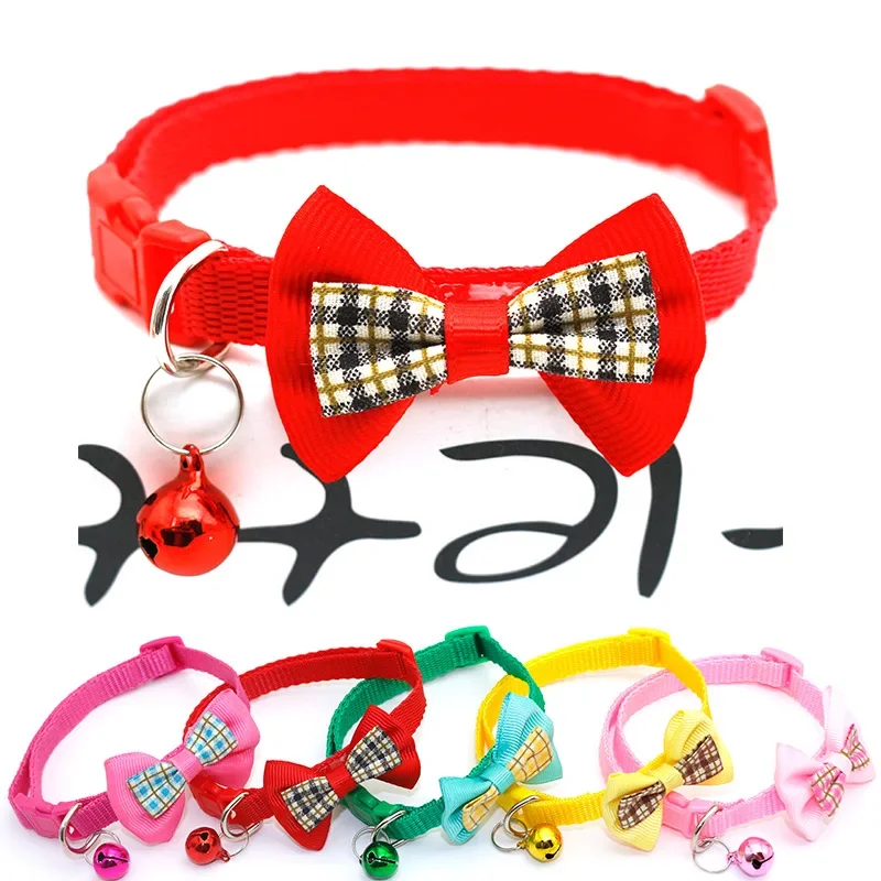 2pcs Cat Bowknot Collar with Bell Kitten Puppy Collar Pure Color Adjustable 19-23cm Pet Decoration Collar Kitten Accessories